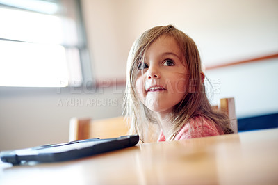 Buy stock photo Idea, imagination and thinking with girl in classroom at school for child development or growth. Future, tablet and vision with kid student in academic class for education or learning or knowledge