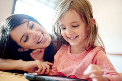 Buy stock photo Smile, kid and teacher on tablet in classroom for lesson advice, elearning website and drawing. Woman, girl and digital with online education, teaching support and studying guide for assessment games
