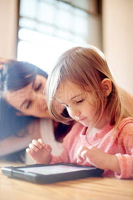 Buy stock photo Kid, student and teacher on tablet in classroom of lesson advice, elearning website and drawing. Woman, girl and digital for online education, teaching support and studying guide for assessment games