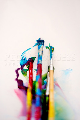 Buy stock photo Paint, brushes and creativity with colour, canvas and stationery with tools on white background. Empty, mockup space and equipment for educational workshop, storytelling and sketch paper with art