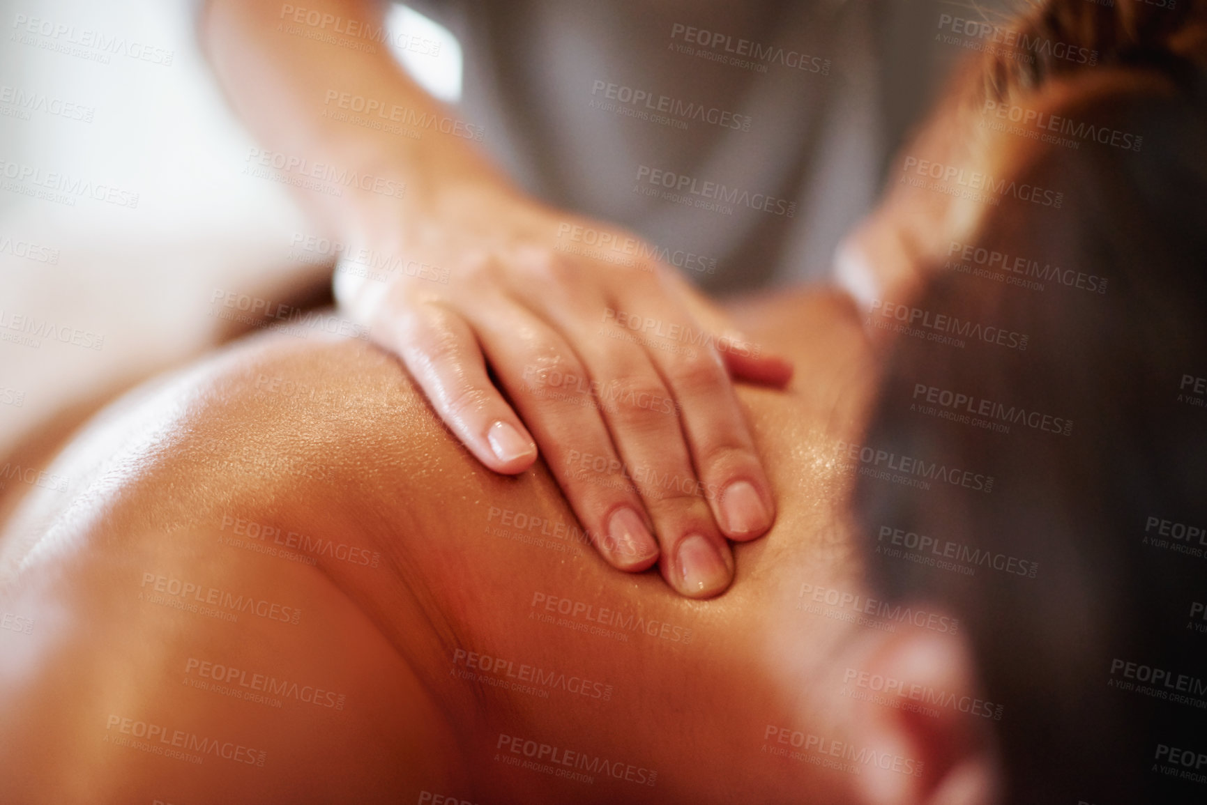 Buy stock photo Closeup, woman or hands with masseuse for massage at spa for physical therapy or body treatment at resort. Female person, lying and relaxation on bed at luxury salon for shoulder rub or stress relief