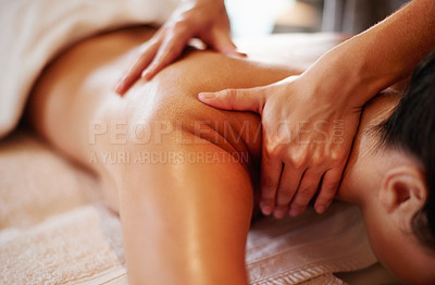 Buy stock photo Back massage, relax and masseuse for therapy at spa, body treatment and holistic healing with skincare. Woman, luxury resort and client pressure for beauty at salon, cosmetic service and shoulder