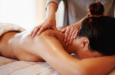 Buy stock photo Massage, back and masseuse for beauty at spa, body treatment and holistic healing with skincare. Woman, luxury resort and client pressure for therapy at salon, cosmetic service and smooth shoulder