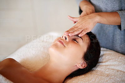Buy stock photo Massage, facial and masseuse for therapy at spa, beauty treatment and holistic healing with skincare. Woman, luxury resort and client pressure at salon, cosmetic service and smooth or soft skin