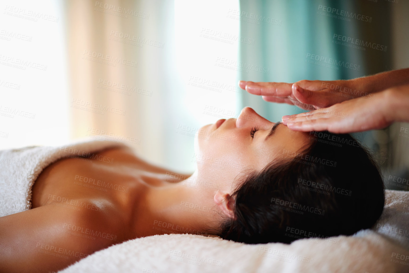 Buy stock photo Massage, facial and woman for therapy at spa, beauty treatment and holistic healing with skincare. Masseuse hands, luxury resort and client pressure at salon, cosmetic service and smooth or soft skin