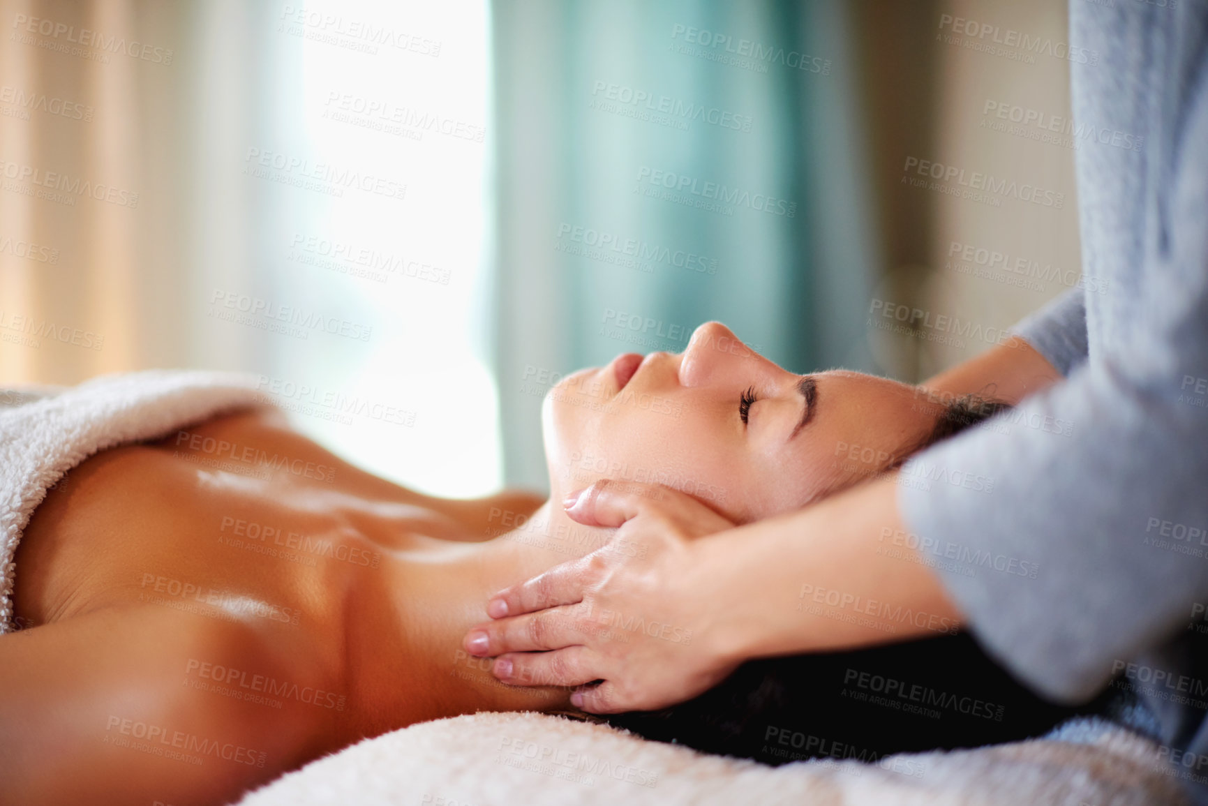 Buy stock photo Woman, facial and masseuse for therapy at spa, beauty treatment and holistic healing with skincare. Massage, luxury resort and client pressure at salon, cosmetic service and smooth or soft skin