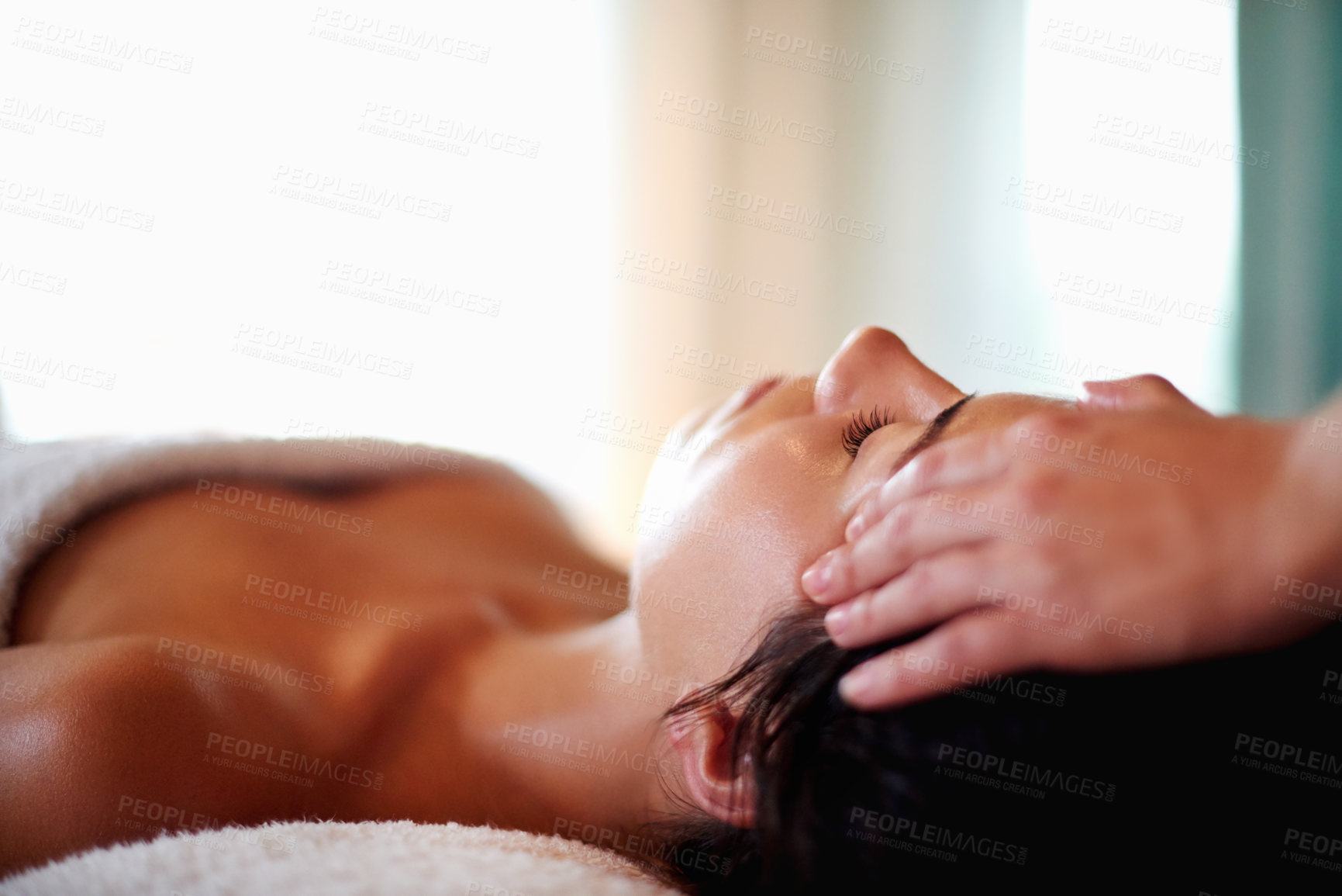 Buy stock photo Massage, woman and masseuse for service at spa, beauty treatment and holistic healing with skincare. Hands, luxury resort and client pressure at salon, cosmetic facial and smooth on mockup space