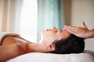 Buy stock photo Massage, facial and woman at spa relax for skincare, beauty and treatment at luxury resort. Salon aesthetic, dermatology and person with masseuse for wellness, cosmetics service and detox therapy