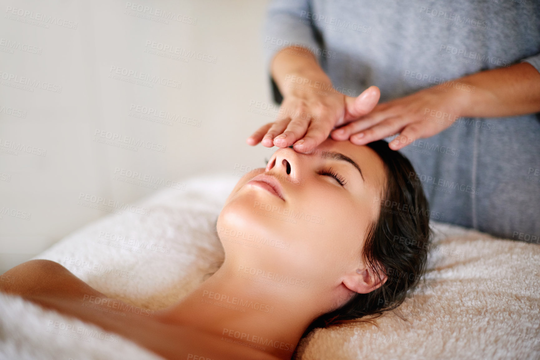 Buy stock photo Massage, facial and face of woman at spa for skincare, beauty and treatment at luxury resort. Salon aesthetic, dermatology and person with masseuse for wellness, cosmetics service and detox therapy
