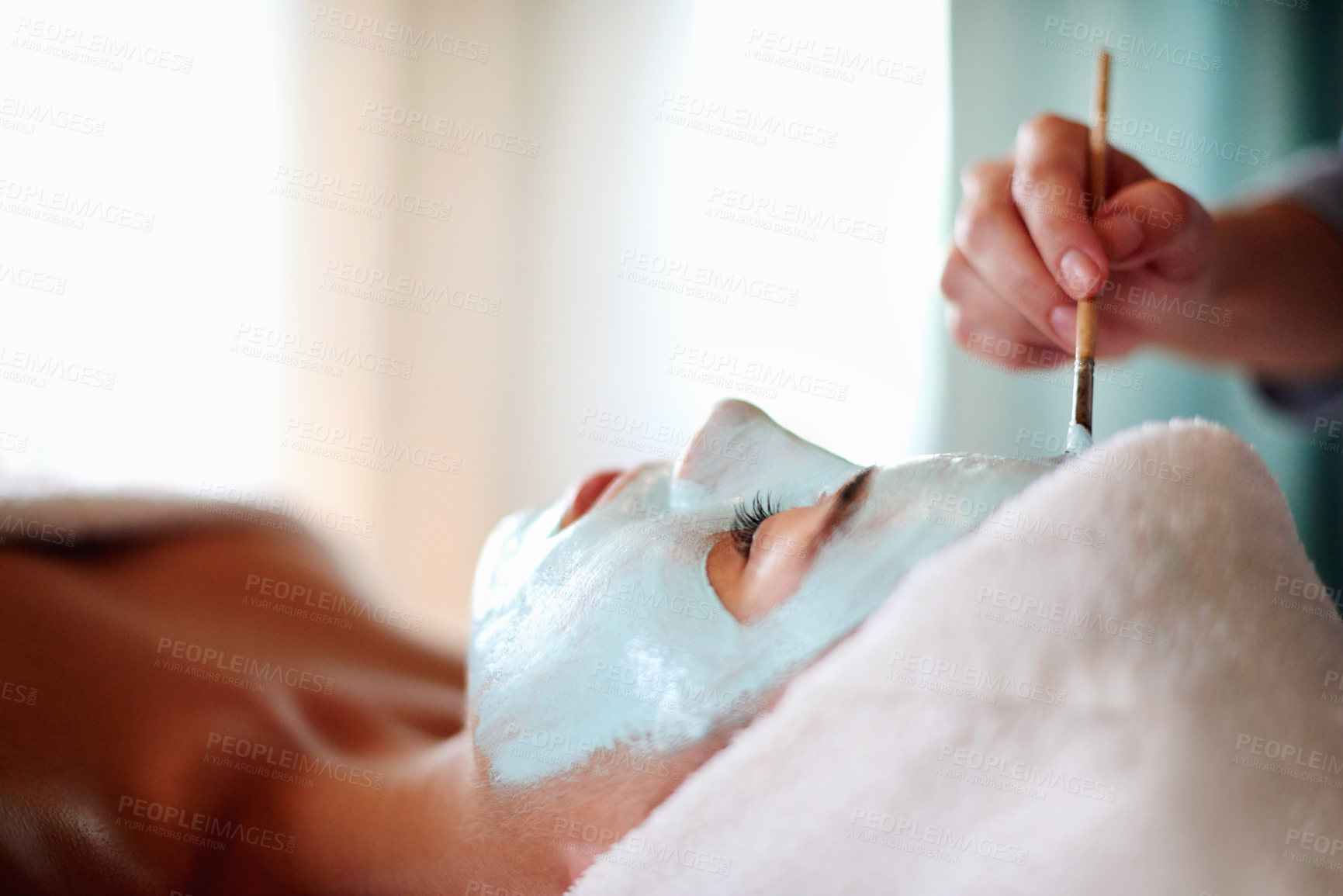 Buy stock photo Skincare, facial and woman with mask in salon for beauty treatment, wellness and healthy skin. Dermatology, luxury spa and person with beautician with clay for anti aging detox, cosmetics and cleanse
