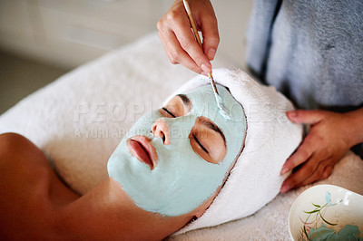 Buy stock photo Skincare, hands and client with mask at spa for facial treatment, deep cleaning or skin rejuvenation. Above, beautician or woman with clay application for hydration or natural glow at beauty salon