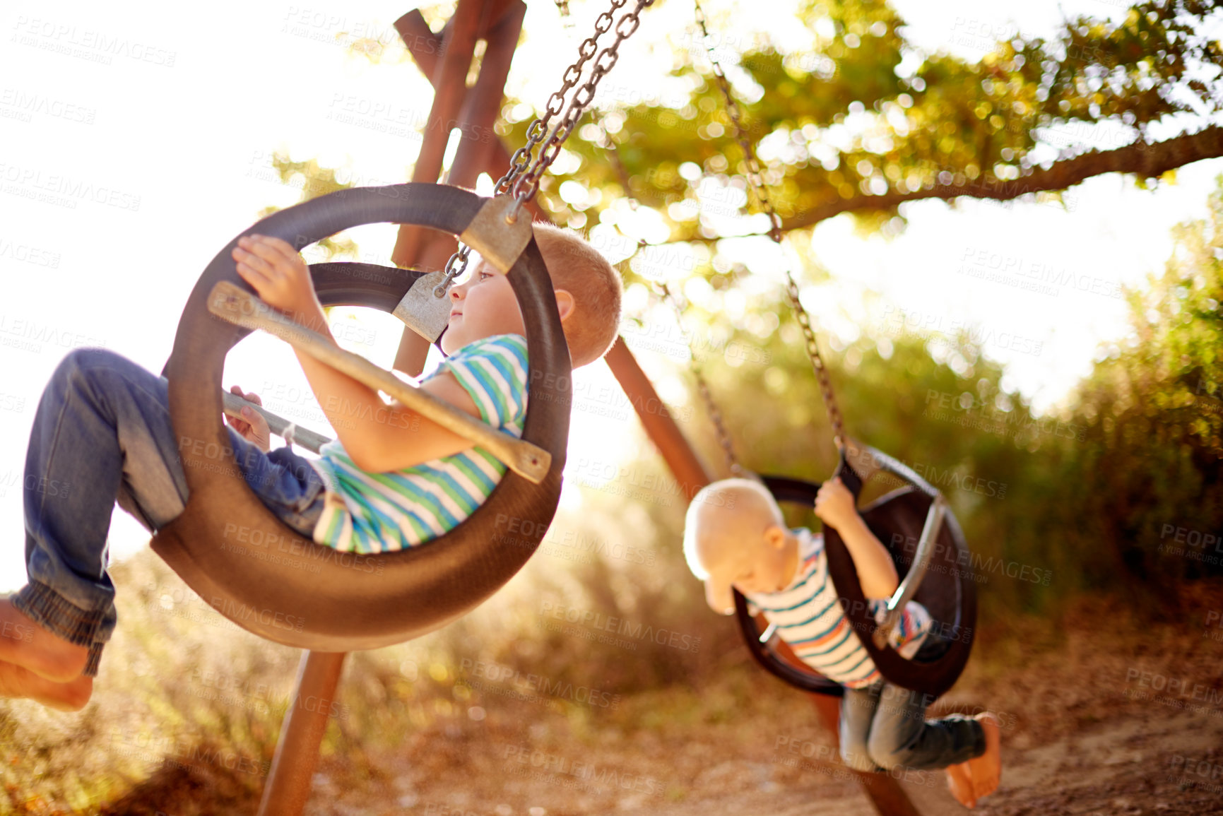 Buy stock photo Tree, swing and children in park with play, outdoor brothers and development for kids in nature. Relax, weekend and boy siblings in playground together for fun, games and playful childhood adventure