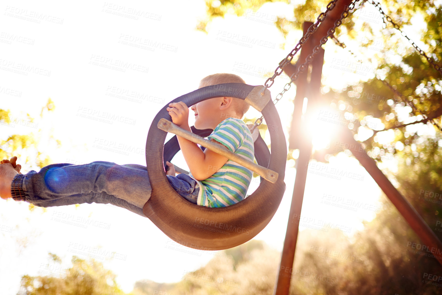 Buy stock photo Tree, swing and kid in park with outdoor adventure, play and development for children in nature. Sunshine, happy and boy in playground for growth, fun games and summer childhood on playful weekend