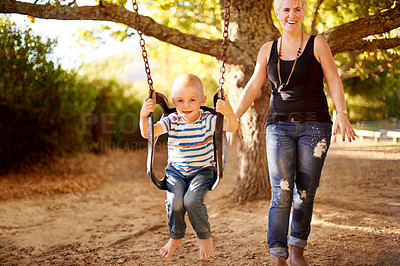 Buy stock photo Swing, park and portrait of child with mom, outdoor adventure and development for kids in nature. Relax, mother and happy boy in playground for growth, fun games or childhood play on summer weekend