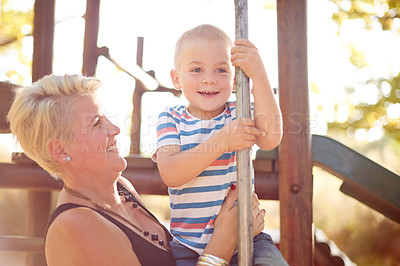 Buy stock photo Happy, playground and mom with child in park for playing, childhood and adventure outdoors. Nature, family and mother with young boy for bonding, learning skills and development on jungle gym