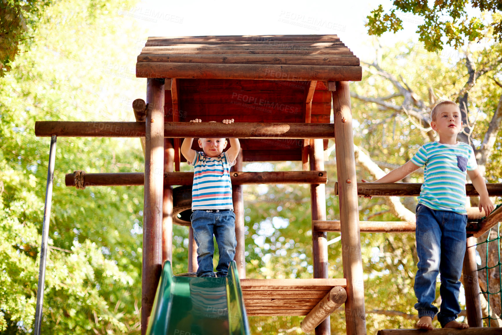 Buy stock photo Playing, jungle gym and children in park with exploring, adventure or fun hobby in nature. Happy, activity and boy kids climb on wooden playground equipment for cognitive development outdoor in field