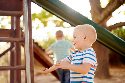 Buy stock photo Development, growth and boy child at playground, having fun in nature for activity, games or play. Coordination, motor skills and smile of happy kid with brother outdoor at jungle gym in park