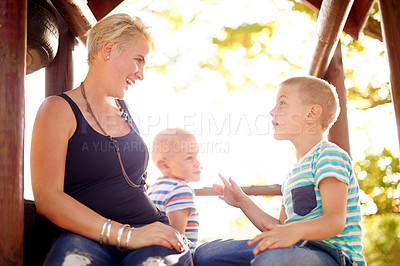 Buy stock photo Jungle gym, mother and brothers in playground, talking and relax with happiness, funny and family. Single parent, mama and boys in park, nature and bonding together with fun, laughing and countryside