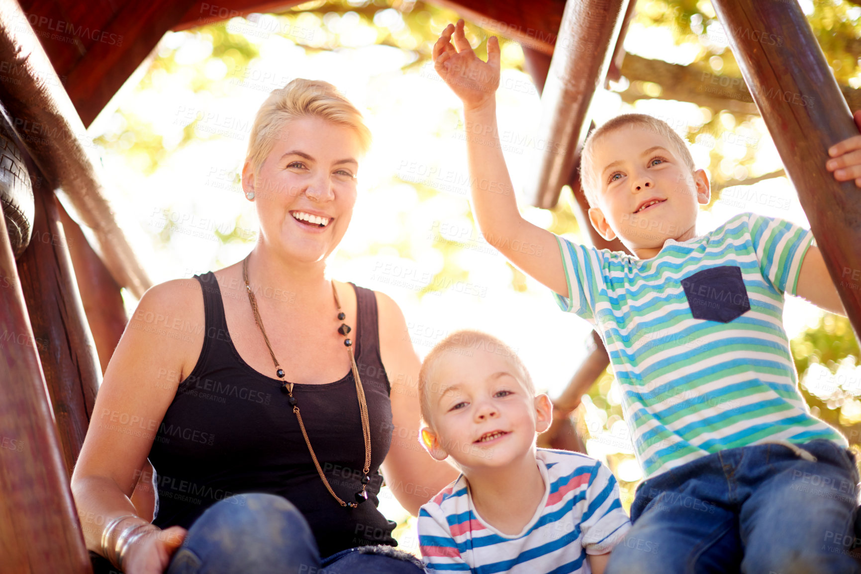 Buy stock photo Happy, nature and portrait of mom with children in park for school holiday, fun or bonding. Connection, family and mother with boy kids outdoor in field laughing for joke, comic or comedy together.