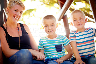 Buy stock photo Happy, nature and portrait of mom with kids in park for school holiday, fun or bonding. Connection, family and mother with boy children outdoor in field laughing for joke, comic or comedy together.