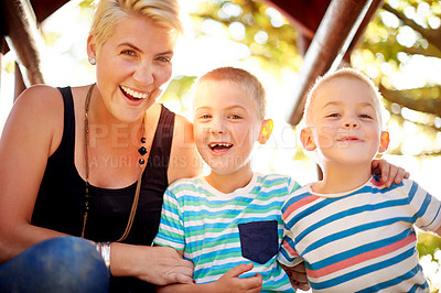 Buy stock photo Happy, nature and portrait of mother with children in park for school holiday, fun or bonding. Connection, family and mom with boy kids outdoor in field laughing for joke, comic or comedy together.