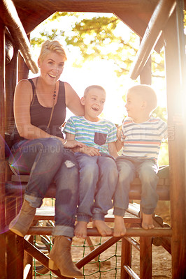 Buy stock photo Jungle gym, mother and brothers with portrait, smile and game with happiness, nature and family. Single parent, mama and boys in park, children and bonding together with fun, lens flare and laughing