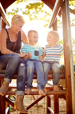 Buy stock photo Jungle gym, mother and brothers in playground, smile and game with happiness, relax and family. Single parent, mama and boys in park, nature and bonding together with fun, lens flare and countryside
