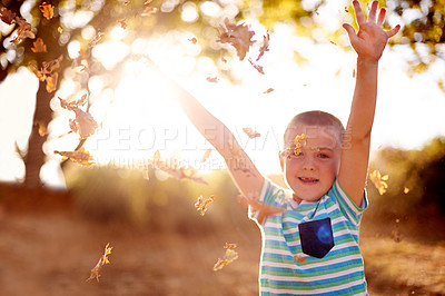 Buy stock photo Portrait, leaves and boy in park, smile and happiness with energy, countryside and environment. Outdoor, childhood and kid in playground. fun and forest with weekend break, game and carefree