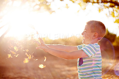 Buy stock photo Throwing leaves, profile and boy in park, happiness and lens flare with energy, carefree and fun. Outdoor, childhood and kid in playground, smile and nature with game, summer and weekend break