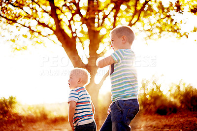 Buy stock photo Game, outdoor and boys with fun, play and nature with happiness, bonding together and sunshine. Brothers in park, kids and children with break, energy and summer holiday with adventure or countryside
