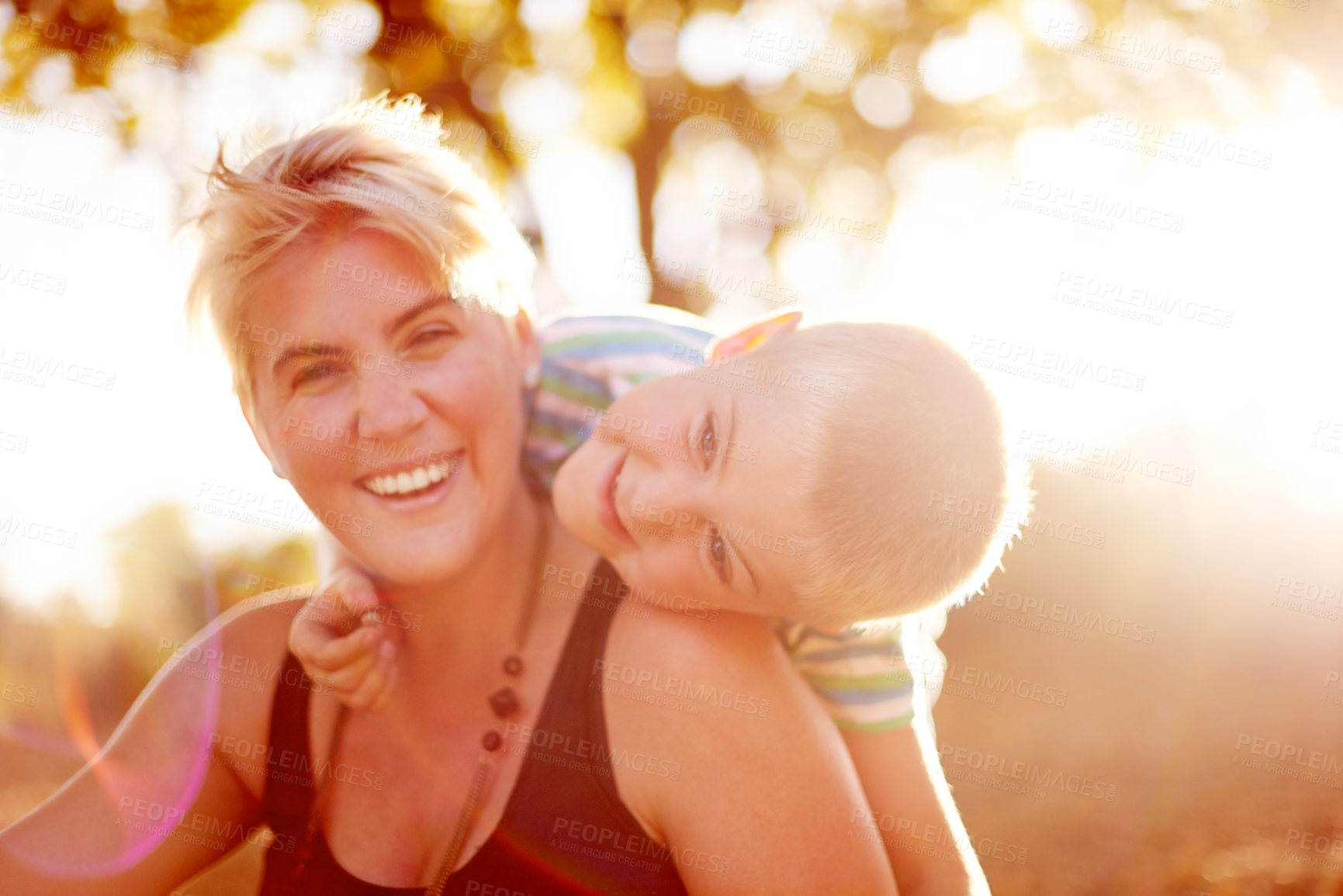 Buy stock photo Portrait, mother and son in park, love and bonding together with happiness, hug and relax. Face, parent and family with mama, outdoor and kid in playground, nature and countryside with adventure