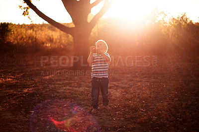 Buy stock photo Blowing bubbles, playing and boy in park, sunshine and games with nature, lens flare and calm. Cute kid, outdoor and childhood with toy, fun and break with summer holiday, explore and adventure