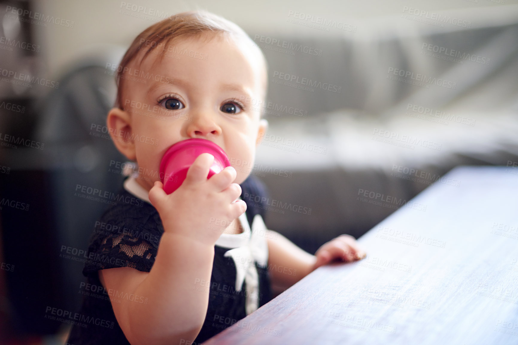 Buy stock photo Biting, teething and toy with baby at table in home for child development, coordination or growth. Chewing, curiosity and motor skills with infant girl in living room of apartment for discovery