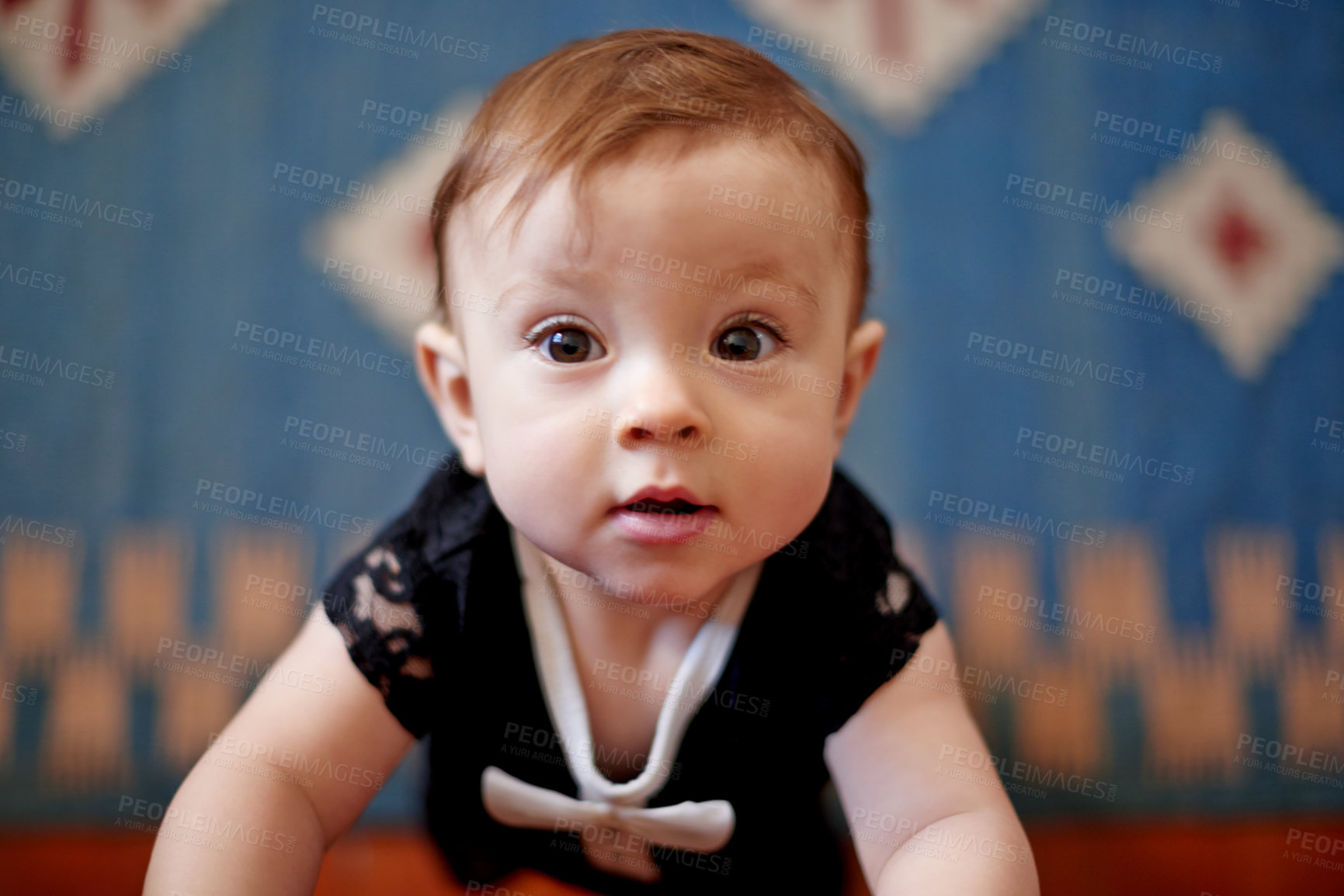 Buy stock photo Development, growth and portrait of baby in home for curiosity, learning or progress as innocent youth. Growing up, morning and playing with adorable infant girl in nursery of apartment for fun