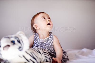 Buy stock photo Baby, girl and bed with soft toy for playful childhood, youth or growth in development at home. Little kid, infant or adorable child with cute dress or stuffy animal in bedroom for nursery at house