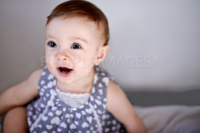 Buy stock photo Happy baby, girl and bed with playful childhood for youth, growth or development at home. Little kid, infant or adorable child with cute dress in bedroom for nursery or toddler relaxing at house
