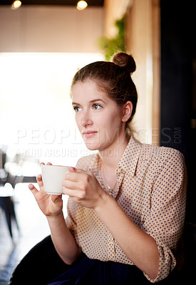 Buy stock photo Thinking, coffee and woman in cafe, ideas and start day with espresso, calm and caffeine morning. Person, herbal tea and client in restaurant, latte and thoughtful with wonder, mindfulness or comfort