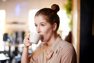 Buy stock photo Coffee, thinking and woman in cafe for travel in morning with creative digital nomad career. Planning, ideas and female freelance copywriter drinking cappuccino with literature project at restaurant.