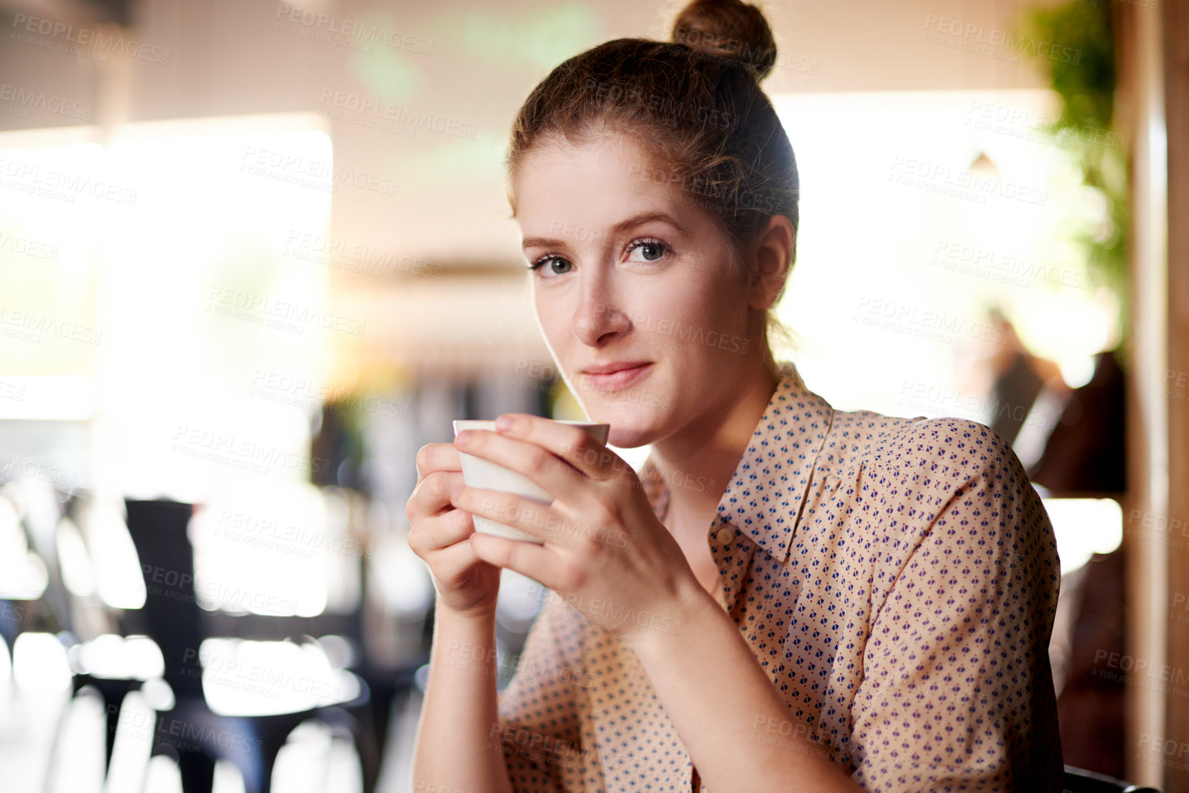 Buy stock photo Portrait, customer and woman in coffee shop, morning and relax with comfort, hospitality and latte. Face, person and client in restaurant, friendly service and herbal tea with break and start day