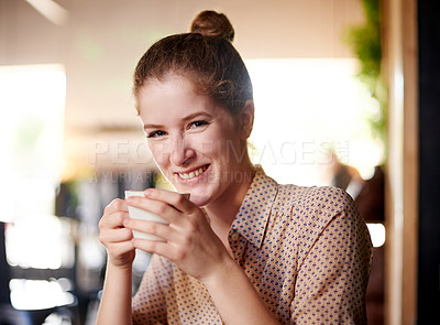Buy stock photo Coffee, portrait and woman in cafe for travel in morning with creative digital nomad career. Planning, happy and female freelance copywriter drinking cappuccino with literature project at restaurant.