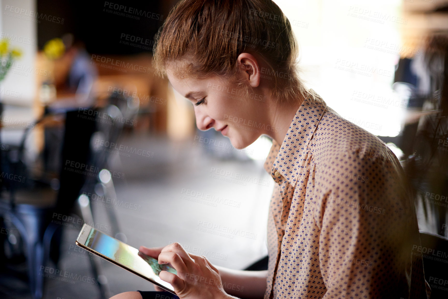 Buy stock photo Tablet, reading and woman in coffee shop with research for travel tips for digital nomad. Restaurant, content creation and female influencer with creative blog for online cafe review on technology.