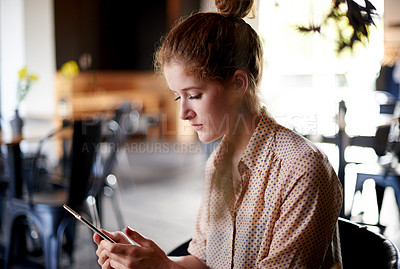 Buy stock photo Woman, relax and tablet in cafe for reading, digital menu and platform for service review. Customer, tech and internet in coffee shop for ebook, social media and connectivity for travel networking