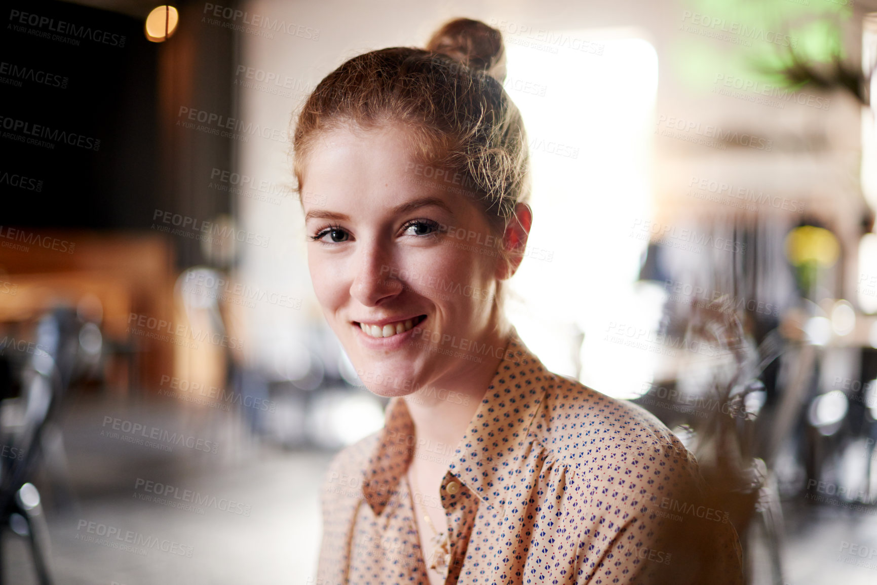 Buy stock photo Calm, portrait and woman in coffee shop, retail and waiting for order in store, happy and customer. Confident, relax and person in cafe for breakfast in morning, consumer and tea break for student