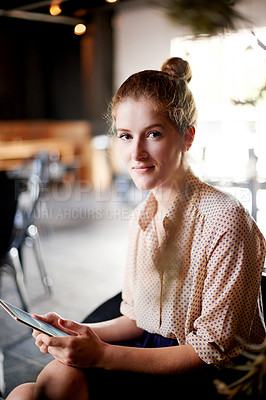 Buy stock photo Relax, tablet and portrait of woman in cafe for service, small business management and hospitality. Restaurant owner, smile and tech in coffee shop for menu update, stock checklist and social media