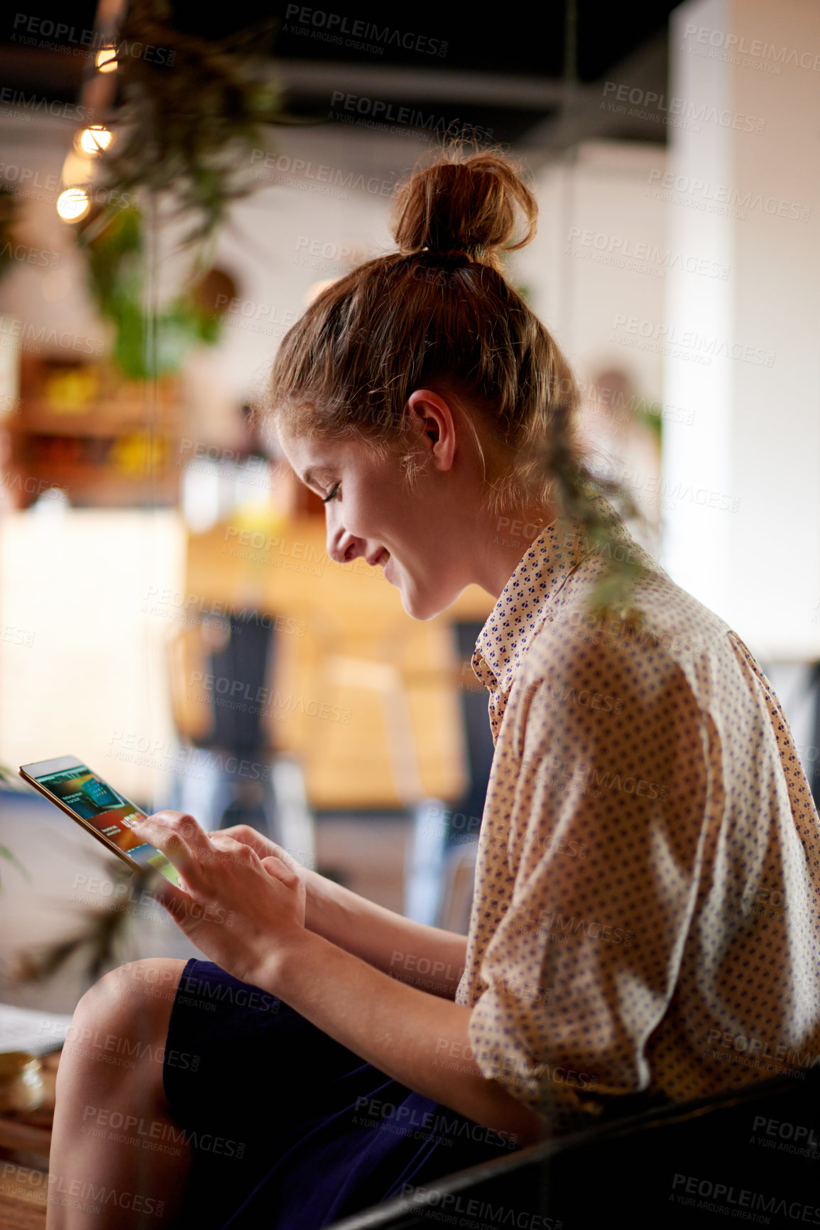 Buy stock photo Happy woman, relax and tablet in cafe for online shopping, digital menu and loyalty card discount. Customer, tech and internet in coffee shop for ebook, social media and reading for networking