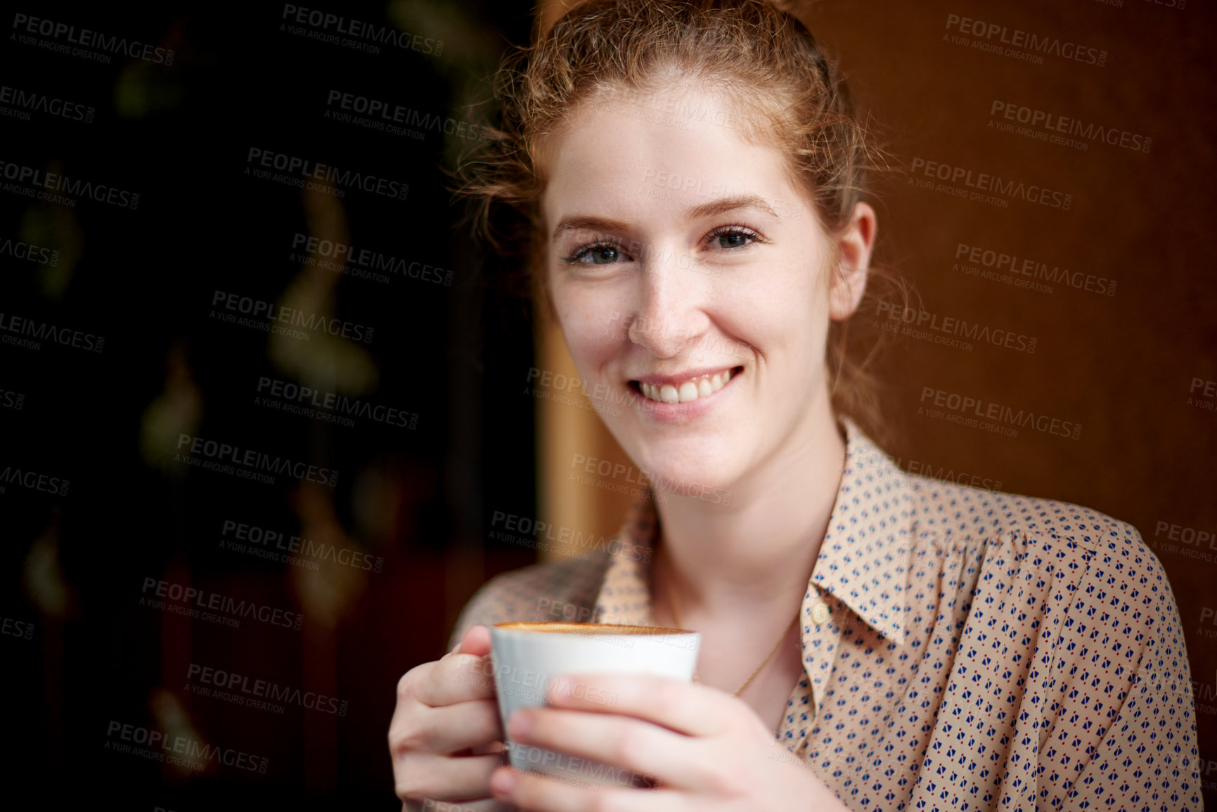Buy stock photo Relax, happy and portrait of woman in coffee shop with drink, caffeine beverage and cappuccino. Cafeteria, restaurant and person with cup for latte, espresso and tea for breakfast service in morning