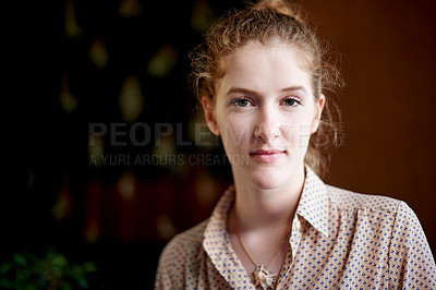 Buy stock photo Portrait, student and woman in university, confident and serious for education in academy and calm. College, back to school and person with scholarship for knowledge, campus and future in Canada