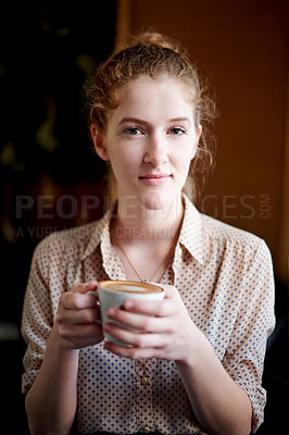 Buy stock photo Morning, coffee shop and portrait of woman with drink, caffeine beverage and cappuccino. Cafeteria, restaurant customer and person relax with cup for latte, espresso and tea for breakfast service