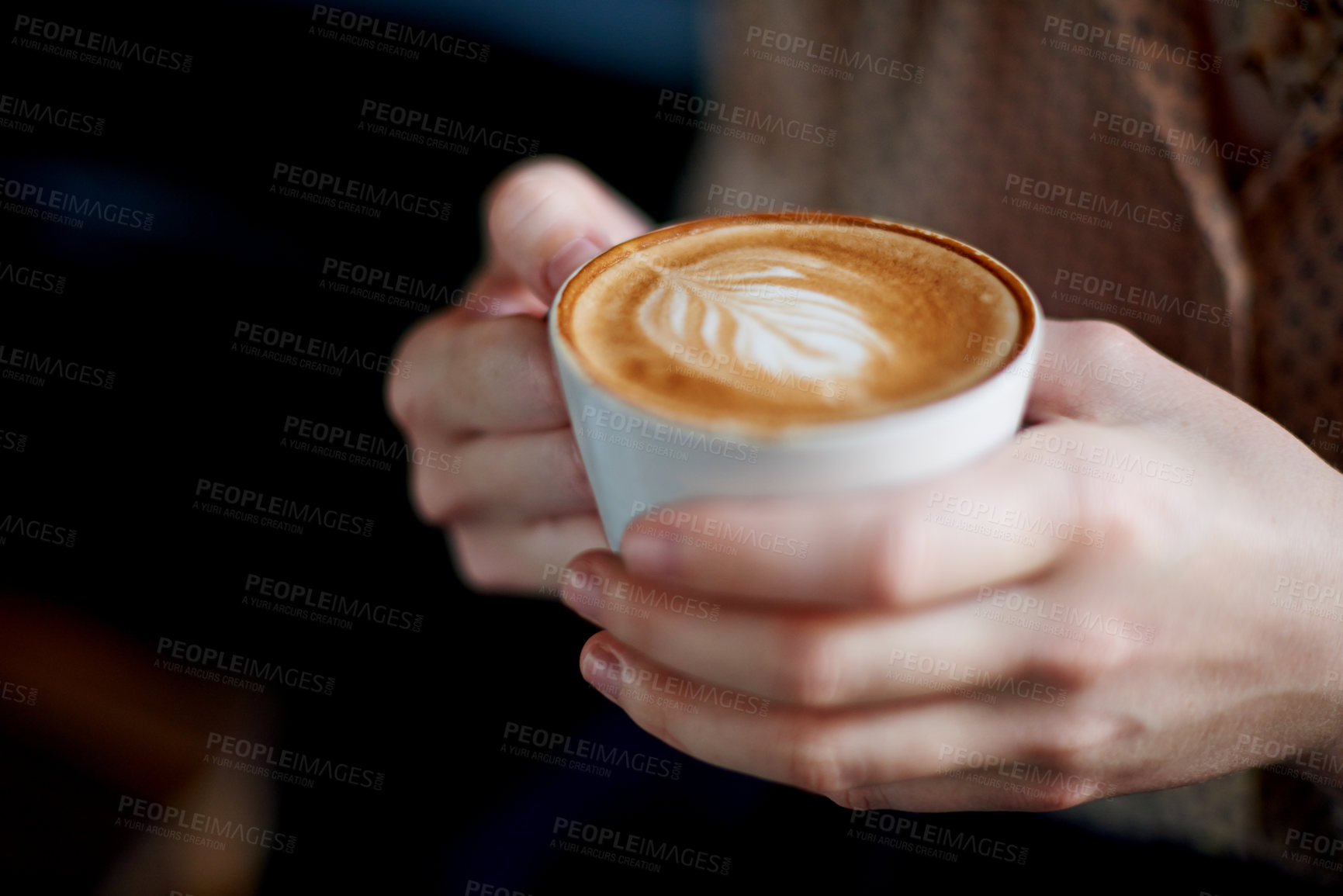 Buy stock photo Person, hands or cup with coffee at shop for beverage or morning breakfast at indoor restaurant. Closeup, customer or mug with latte, cappuccino or espresso for warm drink, leaf or mocha java at cafe