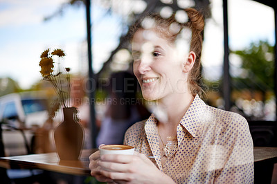 Buy stock photo Coffee, window and woman in cafe in morning with creative digital nomad career. Planning, ideas and female freelance copywriter drinking cappuccino on break at restaurant with confidence and pride.